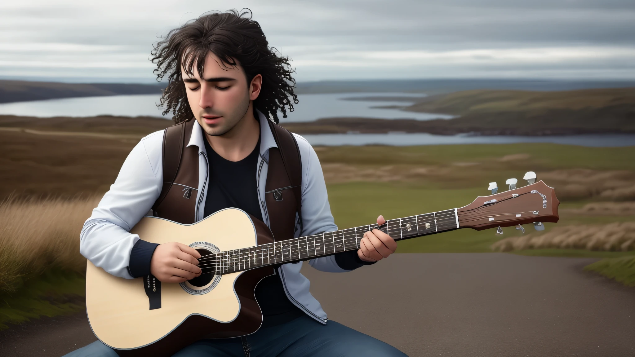 create an image of @Marcelo Cacilias playing guitar in Scotland