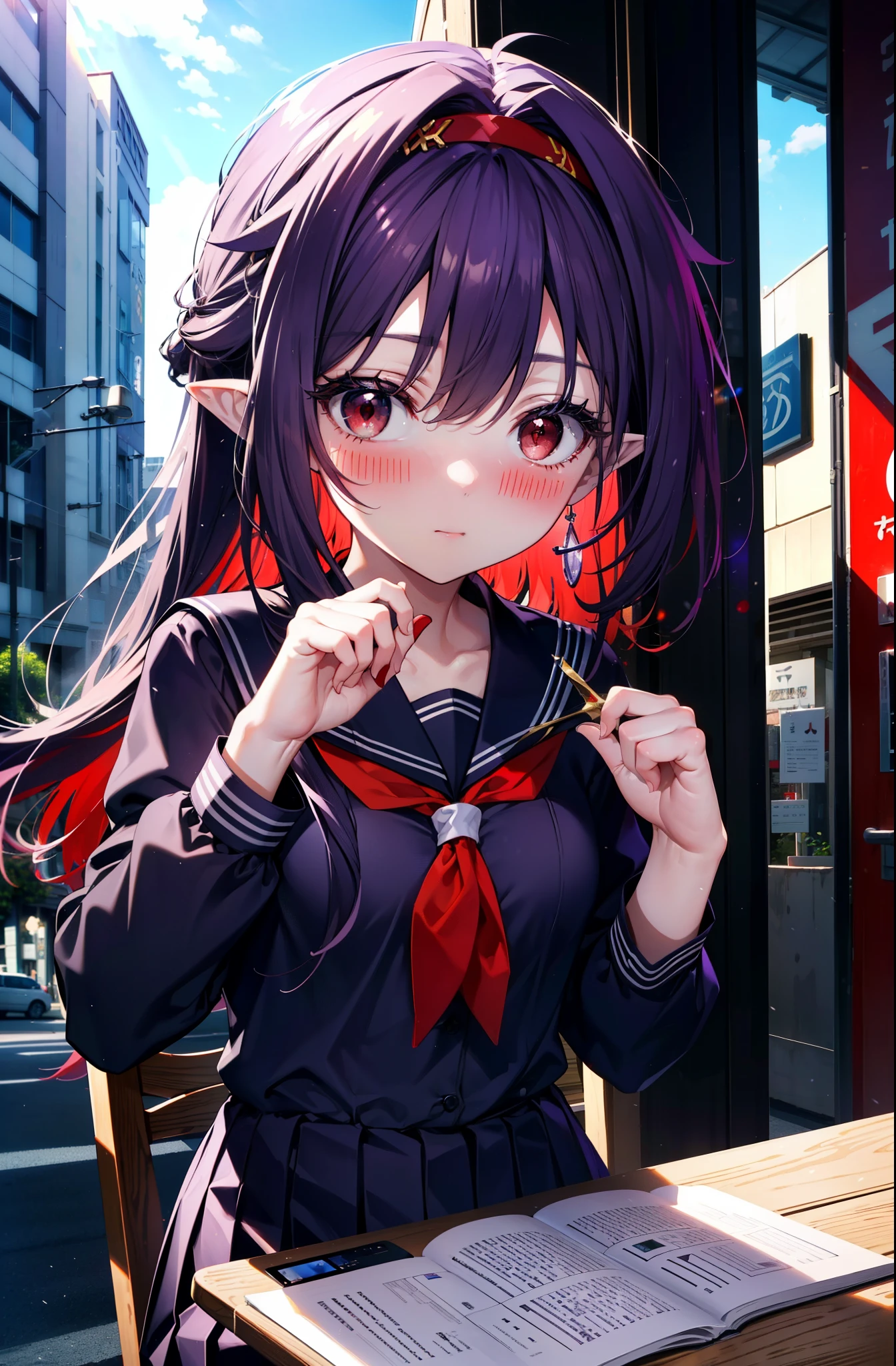 yuukikonno, Yuki Konno, hair band, Long Hair, Pointy Ears, Purple Hair,blush, Embarrassing,(Red eyes:1.5), (Small breasts:1.2), uniform(Purple sailor suit),Purple pleated skirt,White tights,Taking off tights on a chair,
break looking at viewer, Upper Body, whole body,
break outdoors, city,Building Street,
break (masterpiece:1.2), highest quality, High resolution, unity 8k wallpaper, (shape:0.8), (Beautiful and beautiful eyes:1.6), Highly detailed face, Perfect lighting, Highly detailed CG, (Perfect hands, Perfect Anatomy),