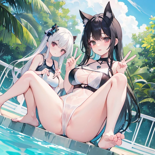 masterpiece, highest quality, High resolution, Long Hair、Drooping eyes,Outdoor,barefoot,Looking up,Embarrassed face,Angle from below、Big Breasts,Spread your legs、Wear a swimsuit、See-through、Black Hair、Peace sign next to face,Pool、Two people looking at each other