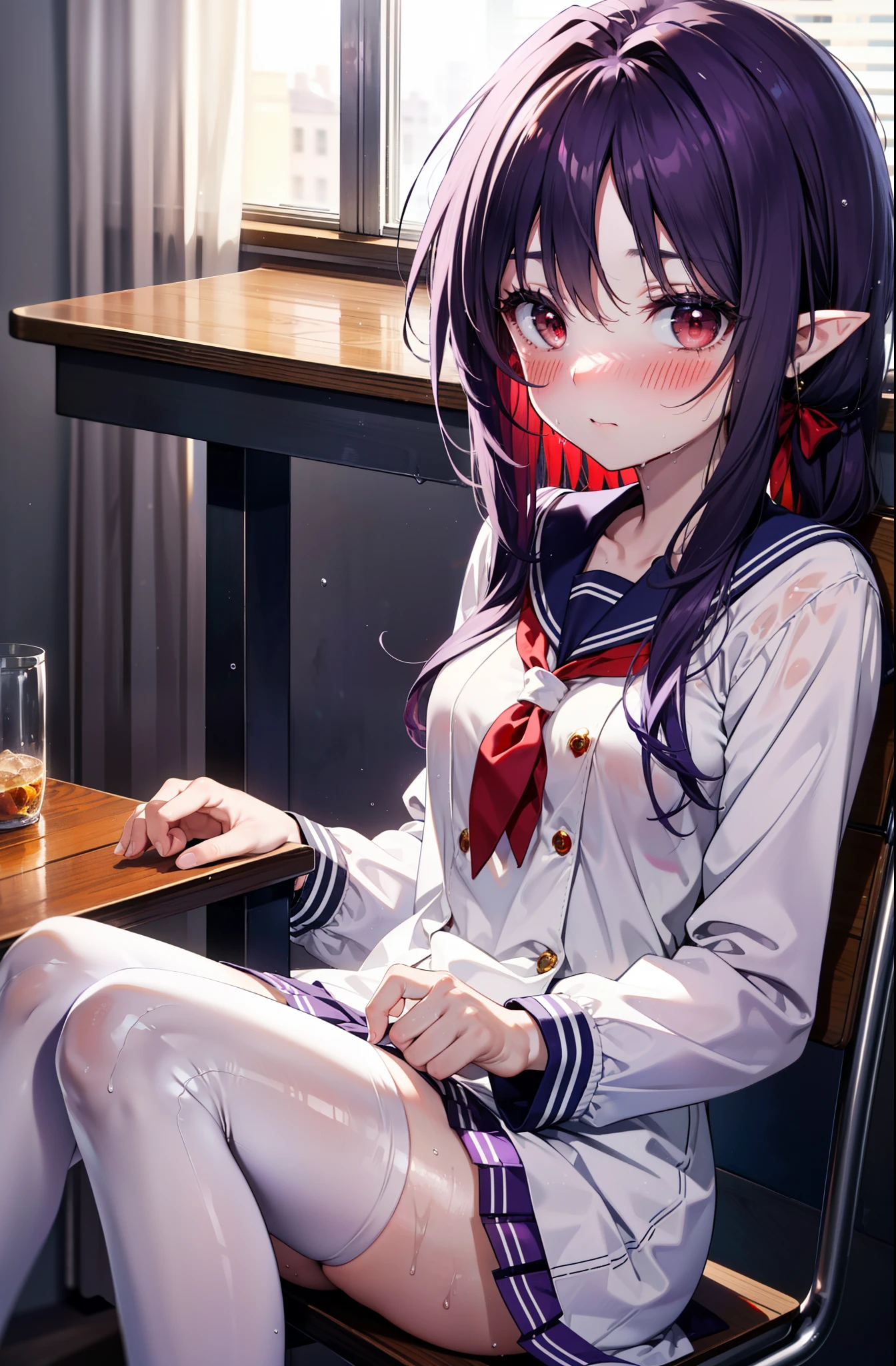 yuukikonno, Yuki Konno, hair band, Long Hair, Pointy Ears, Purple Hair,blush, Embarrassing,(Red eyes:1.5), (Small breasts:1.2), uniform(Purple sailor suit),Purple pleated skirt,White tights,She is sitting on a chair and taking off her white tights,Wet Hair,Wet Skin、Wet clothes,There is a towel on the desk, break looking at viewer, Upper Body, whole body,
break indoors, room,
break (masterpiece:1.2), highest quality, High resolution, unity 8k wallpaper, (shape:0.8), (Beautiful and beautiful eyes:1.6), Highly detailed face, Perfect lighting, Highly detailed CG, (Perfect hands, Perfect Anatomy),