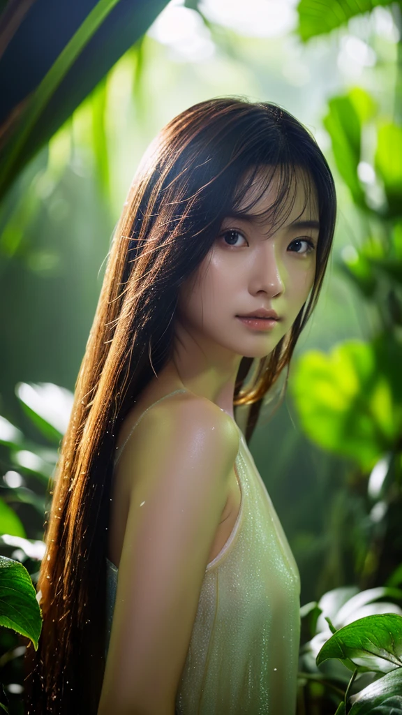 (top-quality、masterpiece:1.2)、(Photorealsitic:1.2)、femele、Skin texture、Thin hair growth、Mare、Wet hair、Mysterious lighting、Tropical rainforest