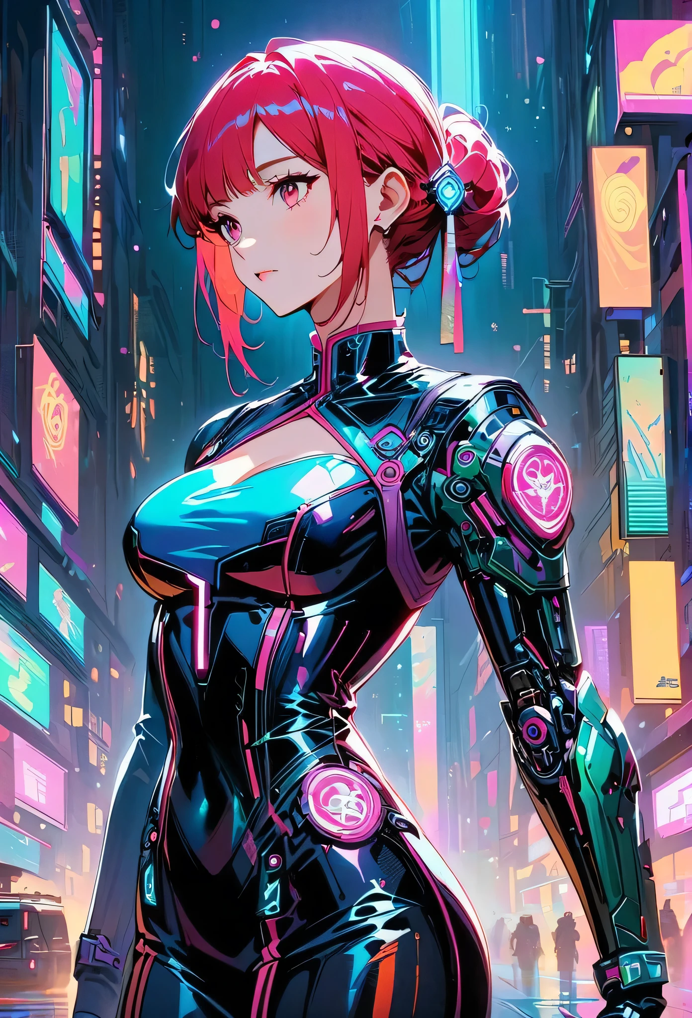 ((Vision))，((whole body))，1 girl, Wearing a black cheongsam，Robot arms and legs，Cyberpunk beauty holding an electric rifle，Standing under the cherry blossom tree with pink flowers，（white sockechanical ceramic high heels：1.5 ），background，Empty Mountain Motorcycle Style Oil Painting，closeup portrait，futuristic style，cyberpunk，high detail