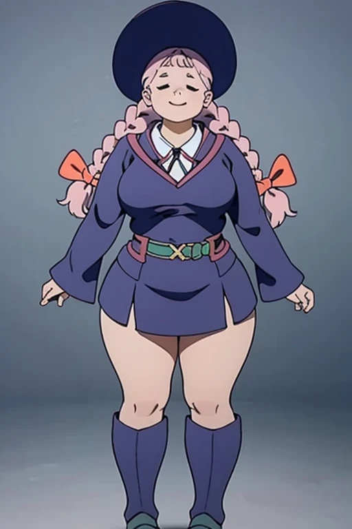 (masterpiece, top quality, best quality, beautiful and aesthetic:1.2), jasminka antonenko, 1girl, solo, plump, closed eyes, long hair, pink hair, braid, twin braids, hair bow, smile, bow, breasts, large breasts, witch hat, witch, luna nova , skirt, long skirt, long sleeves, belt, boots, full body, white panties, standing, under girl view