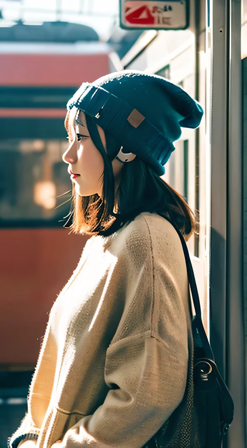 masterpiece, Station platform, alone, 1 girl, Oversized sweater, Headphones, Baggy pants, Beanie, Side view, View mobile phones, Oncoming train, Long Shot,cute、anime