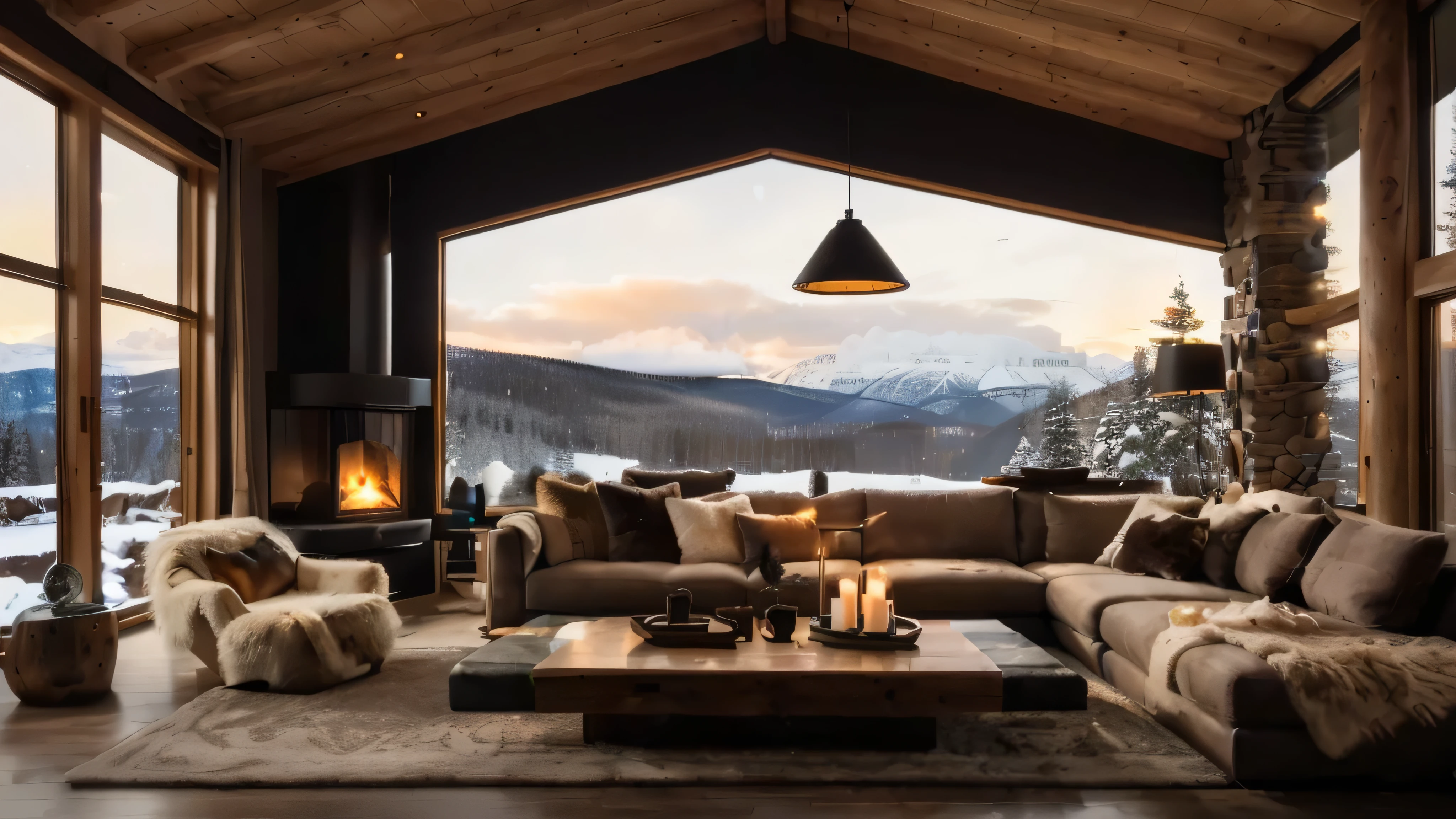 arafed living room with a fireplace and a large window, cozy contemporary living room, warm interiors, chalet, warm interior, cozy living room, integrated in the mountains, large windows to forest at night, warm living room, cozy setting, cozy living room interior, cozy environment, wide shot of a cabin interior, luxurious environment, cozy and calm