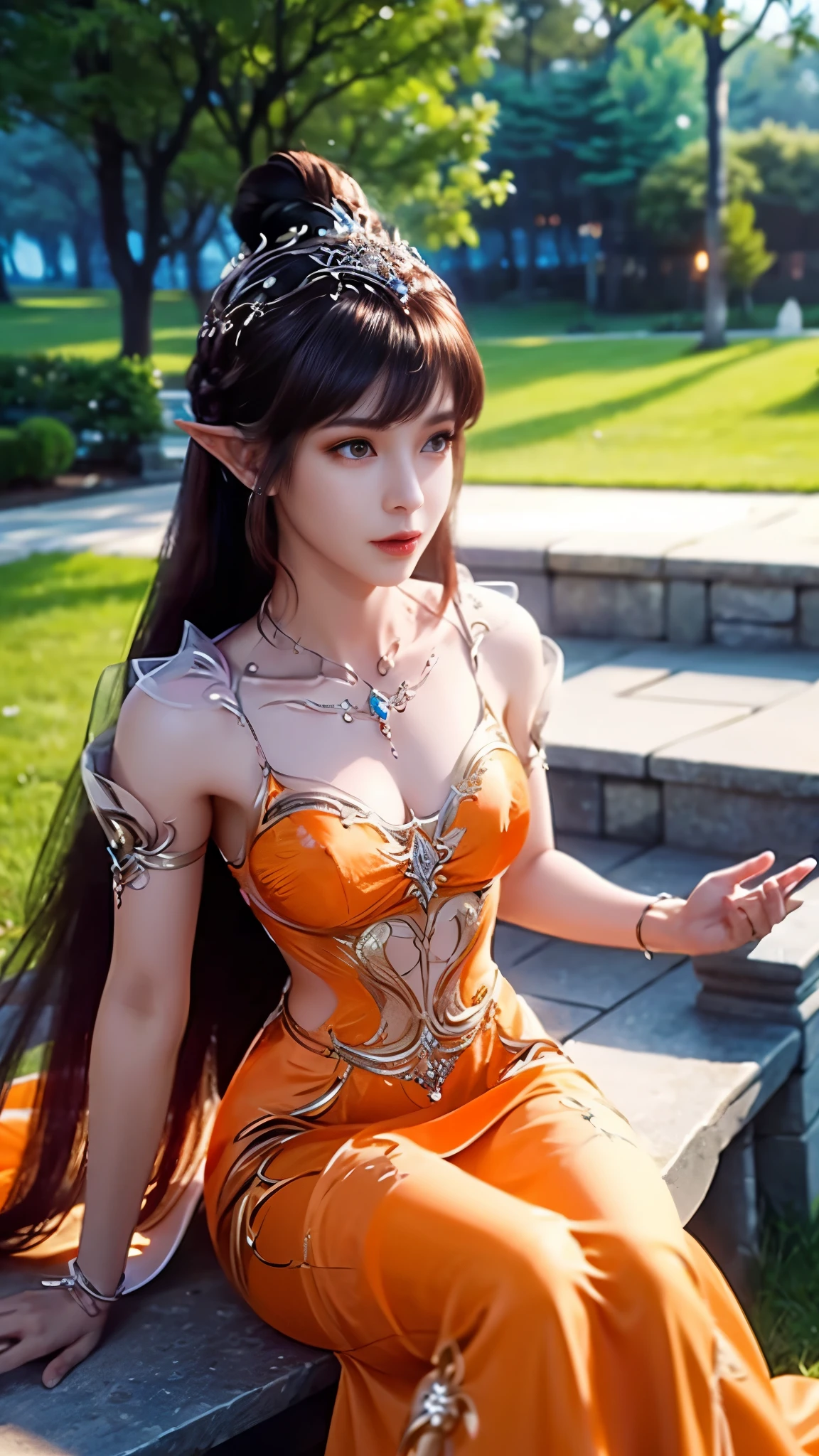 8k, masterpiece, a close up of a woman in a orange dress, perfect front body, bare thigh, ((very long hair)), a beautiful fantasy empress, ((orange fantasy dress:1.5)), beautiful fantasy maiden, fantasy art style, trending on cgstation, beautiful and elegant elf queen, beautiful maiden, shining skin, intricate ornate anime cgi style, ((a beautiful fantasy orange empress)), beautiful alluring Realistic woman, shining skin, in the park, sun shining, Realistic shadow, belly pose, sitting,