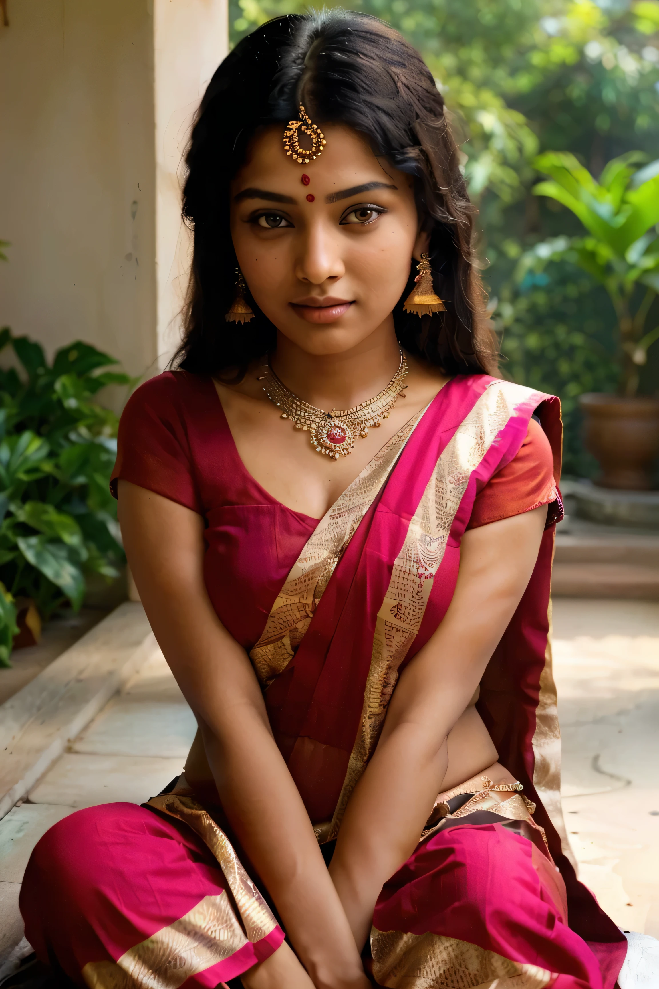 a woman in a red sari sitting on a porch, traditional beauty, indian, very beautiful girl, indian goddess, indian girl with brown skin, indian style, attractive girl, very beautiful photo, sexy girl with dark complexion, with lovely look, cute beautiful, very attractive and beautiful, beautiful young girl, very pretty model, indian super model, cute young girl