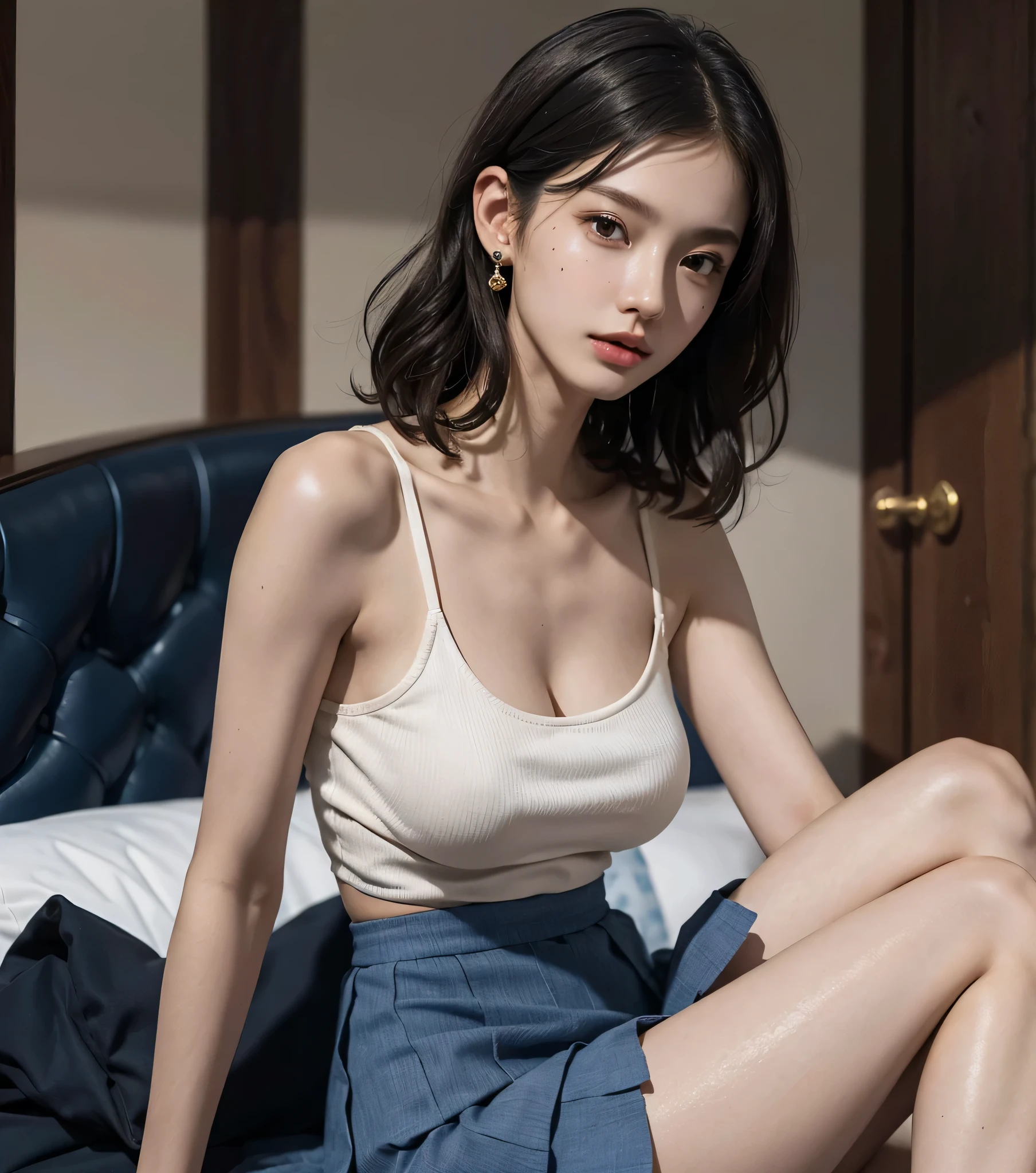 absurdres, RAW photo, extremely delicate and beautiful, masterpiece, Best Quality, ultra high resolution, 32k, hyperrealistic, ultra-detailed, ((perfect anatomy)), perfect figure, super Detailed skin, 20 years old, very Slim body, narrow waist, very small head, very small face, delicate facial features, tearful mole, earring, thin legs, ((very huge round breasts)), ((full body shot)), short medium hair, ((wavy hair)), ((blue police uniform, short skirt,)),