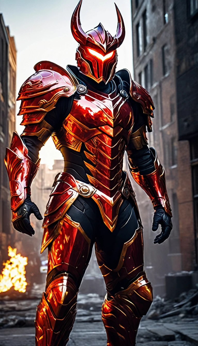 The image depicts a character wearing a striking red armor with a flame-like design. The armor is highly detailed, with a glossy finish that reflects light, giving it a metallic appearance. The character's helmet has a menacing look with pointed ears and glowing red eyes, which adds to the intimidating presence. The armor is adorned with a circular emblem on the chest, which could be a symbol or a crest.
The character is standing in an urban environment, possibly a street or alley, with buildings in the background. The lighting in the scene is dramatic, with a mix of cool and warm tones that emphasize the fiery aesthetic of the armor. The flames around the character's shoulders and the glow from the armor suggest a sense of power or energy.
The overall impression is that of a superhero or a warrior from a fantasy or science fiction setting, ready for battle or to protect the city. The image is likely a piece of concept art or a promotional image for a video game, comic book, or movie.