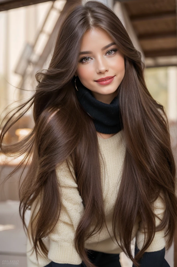 Professional photograph, best quality, 8K, hyper detailed, full body, A close up portrait of a Gorgeous, charming, alluring, graceful, majestic, classy, stylish, flowing super long brown haired argentinian woman. Flowing hair, silky hair, glowing hair, ethereal argentinian beauty, exotic argentinian beauty, timeless argentinian beauty, dream argentinian beauty. She has the cutest face, beaming countenance, fair porcelain skin, soft make-up, red lipstick, she is wearing a black leather jacket, sweater, scarf, skinny trousers, and boots. She's glad, happy, cheerful, joyful, angelical face, angelical beauty. Affectionate woman, tenderness and delicacy in person.