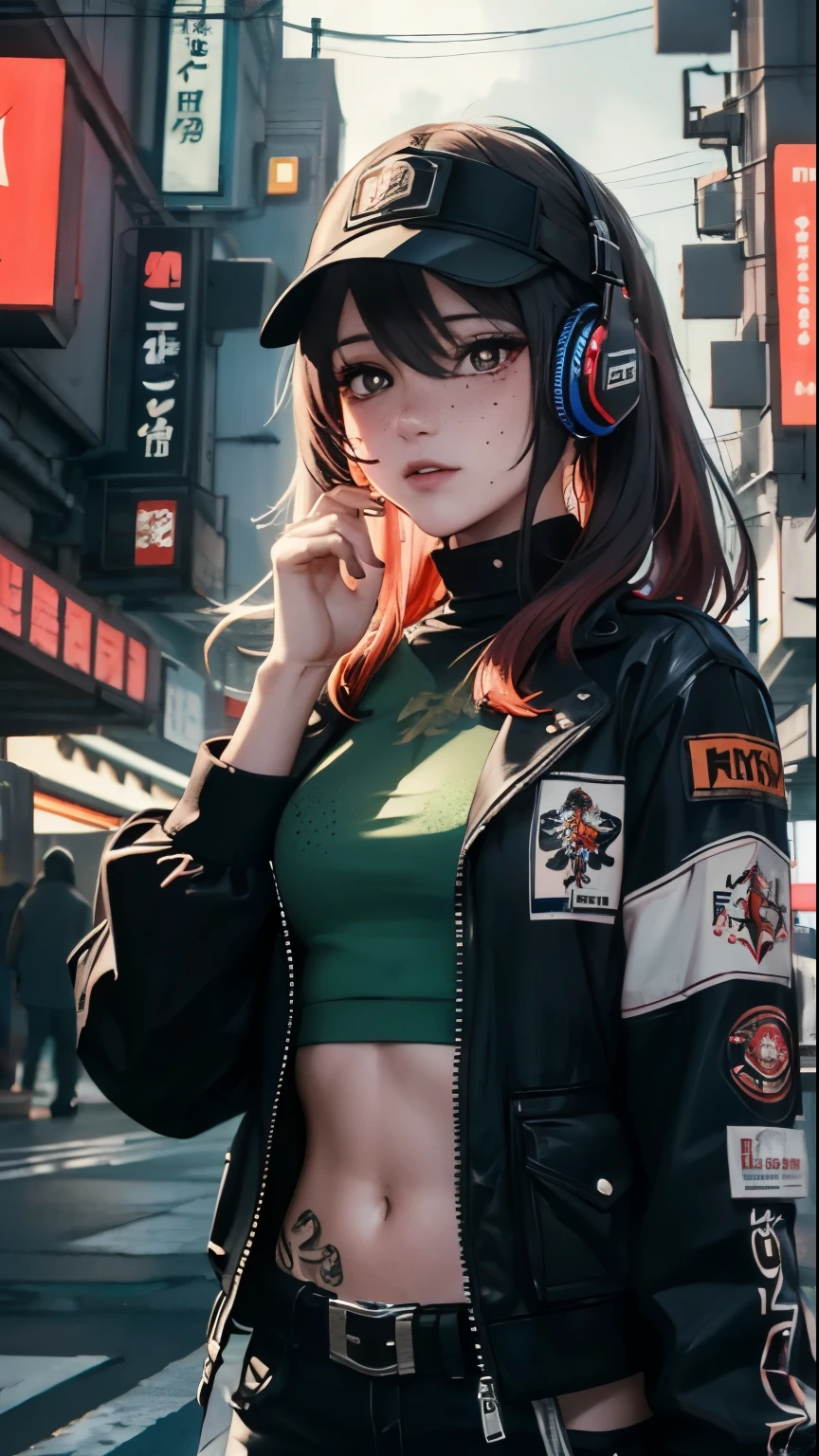 ((Best Quality)), ((Masterpiece)), perfect eyes:1.2, detailed eyes:1.4, ((freckles)), woman, hightech visor, high tech, hacker, irezumi, tattoo, techwear, headphones, messy hair, multicolored hair, green hair, black jacket, gradient hair, leather clothes, (machine gun), (High Definition:1.3), 3D, Beautiful (Cyberpunk:1.3), Colored hair, militar, black clothes looking at camera, hacker woman, sticking out, sexual, seduction, neo tokyo