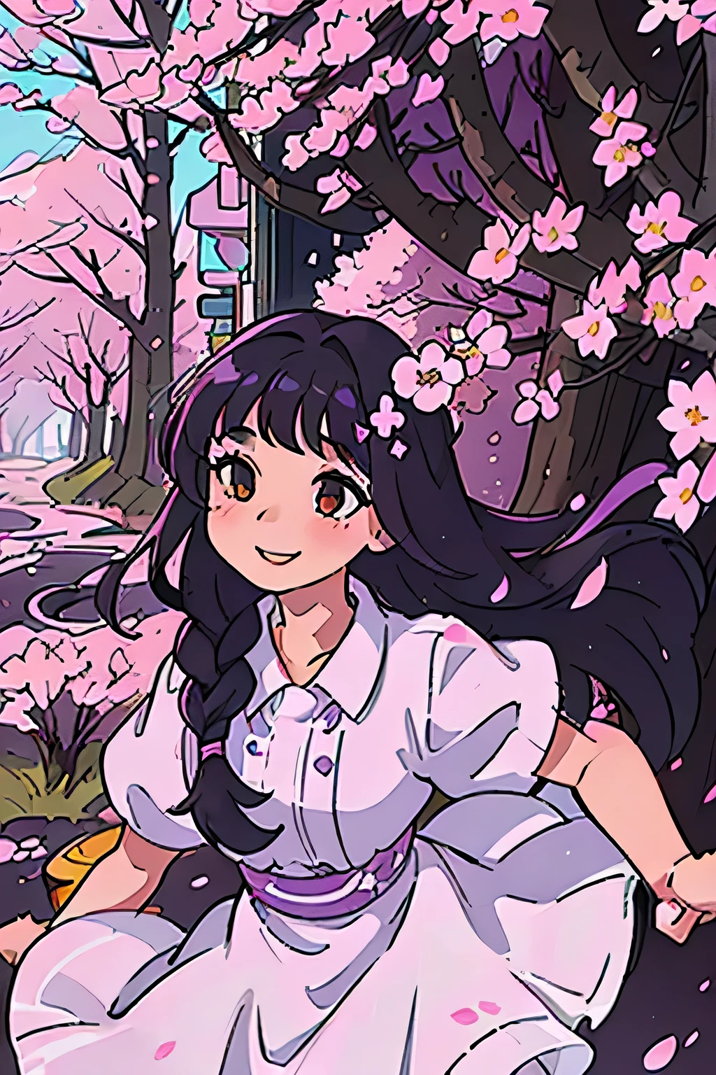 A poster,A girl,A young girl wearing a purple and white dress,Head down,Wearing a braid,visual impact,Second Dimension,Gentle wind,Black hair,skirt,Pink cherry blossoms,Smile and look at the camera