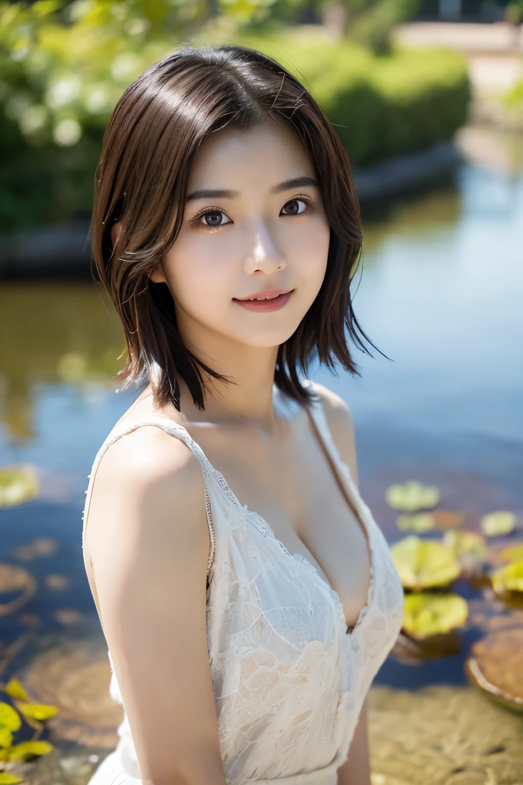 1 girl, beautiful japanese actress,
photogenic,
(Raw photo, best quality), (Reality, photorealistic:1.4), (muste piece),
beautiful detailed eyes, beautiful detailed lips, highly detailed eyes and face,
whole body slender, (short hair:1.3), smile,
Cleavage By the pond Morning whole body