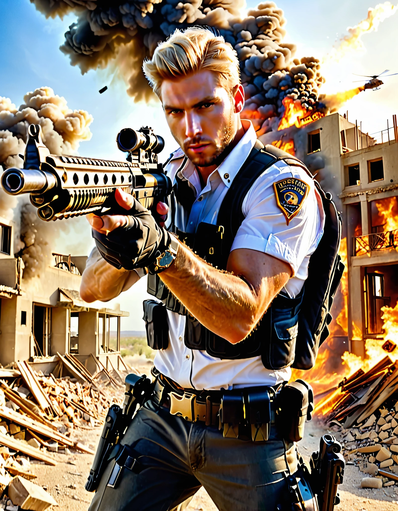 1man, late-twenties male, (holding, holding gun, weapon, gun, aiming, firing, holding assault rifle, casing ejection, scope, shell casing, smoke, smoking gun, muzzle flash), empty desert, (blonde hair, combed back hair), hazel eyes, building, burning, cloud, cloudy sky, day, debris, depth of field, destruction, explosion, fire, sky, (drop-down pistol holster, handgun, pistol, holstered pistol), (helicopter, helicopter hovering above), male focus, military, motion blur, outdoors, rubble, sunset, uniform, white shirt, assault vest, cowboy shot