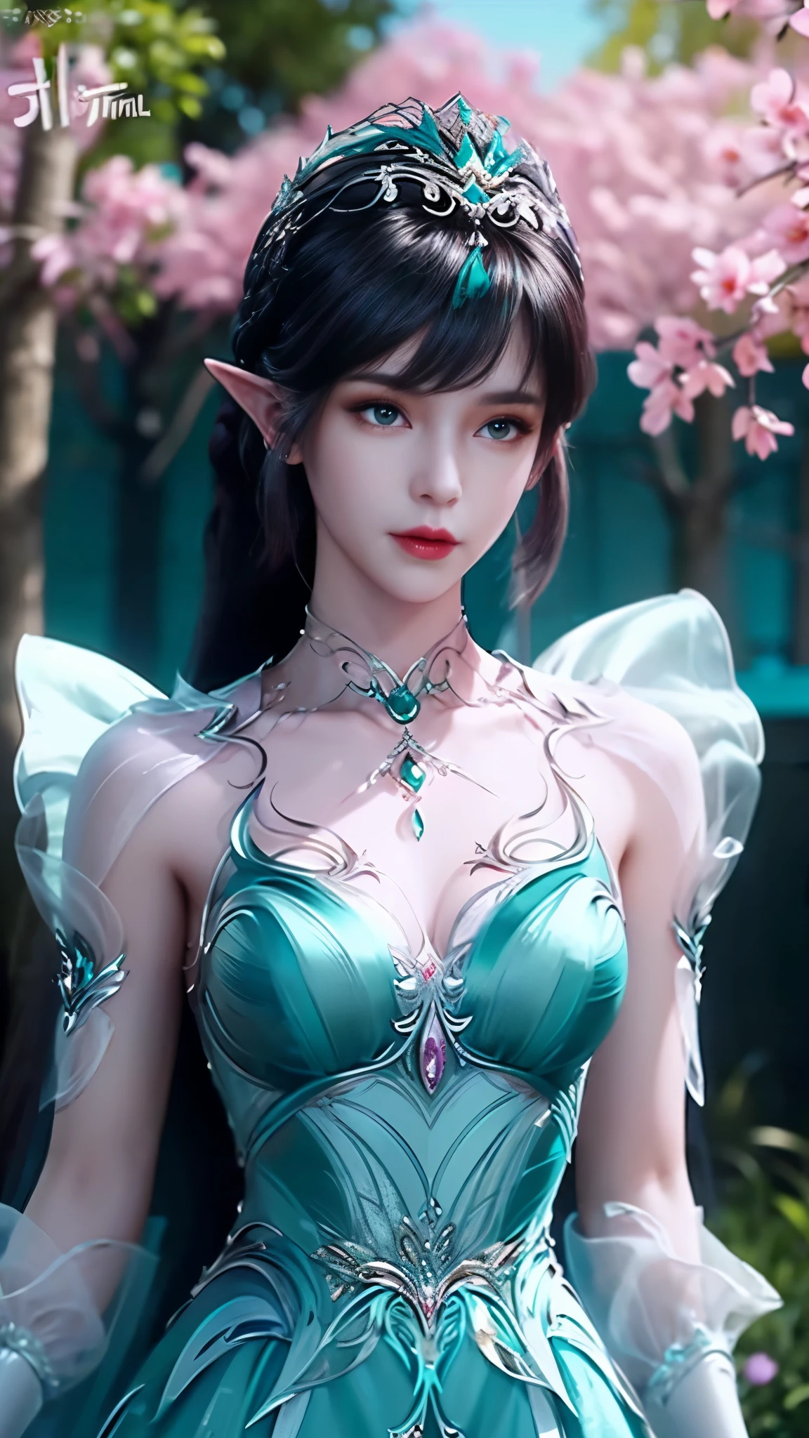 8k, masterpiece, a close up of a woman in a teal dress, perfect front body, bare thigh, ((very long hair)), a beautiful fantasy empress, ((teal fantasy dress:1.5)), beautiful fantasy maiden, fantasy art style, trending on cgstation, beautiful and elegant elf queen, beautiful maiden, shining skin, intricate ornate anime cgi style, ((a beautiful fantasy teal empress)), beautiful alluring Realistic woman, shining skin, in the park, sun shining, Realistic shadow, belly pose, sitting,