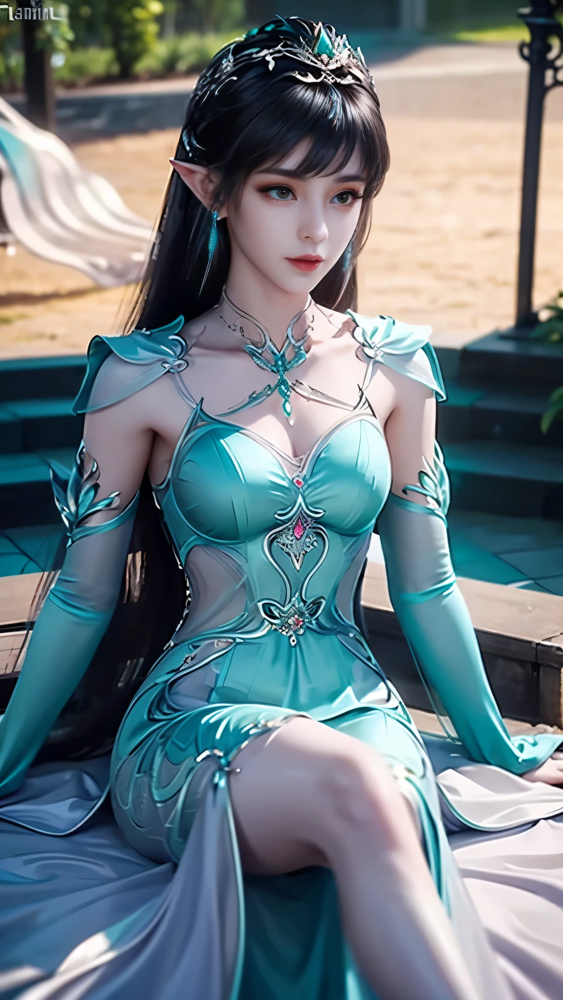 8k, masterpiece, a close up of a woman in a teal dress, perfect front body, bare thigh, ((very long hair)), a beautiful fantasy empress, ((teal fantasy dress:1.5)), beautiful fantasy maiden, fantasy art style, trending on cgstation, beautiful and elegant elf queen, beautiful maiden, shining skin, intricate ornate anime cgi style, ((a beautiful fantasy teal empress)), beautiful alluring Realistic woman, shining skin, in the park, sun shining, Realistic shadow, belly pose, sitting,