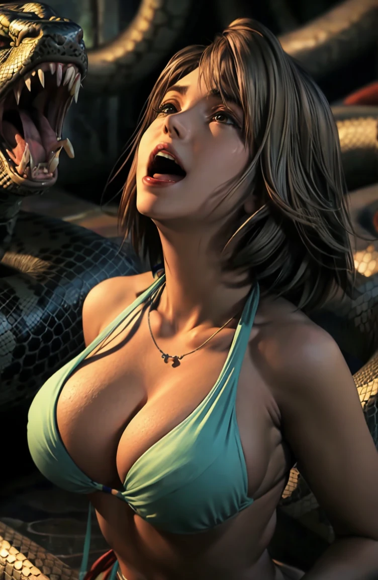 yunaffx, bikini, deep cleavage, large breasts, lying down on stage, being swallowed by giant snake, coils around her waist, looking up into snakes open mouth, peaceful face