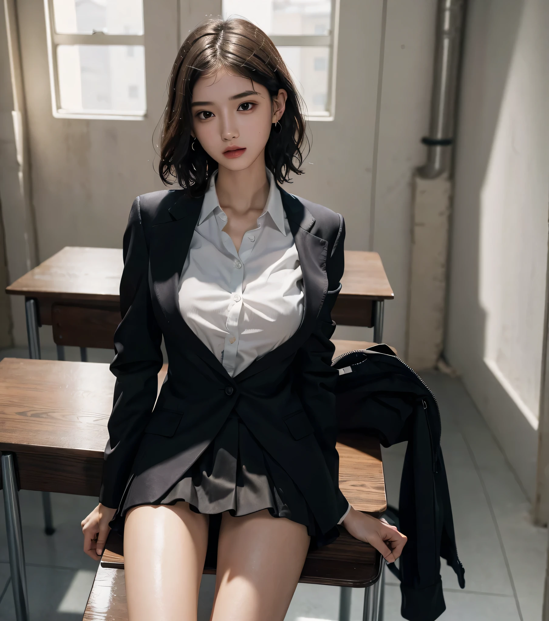 absurdres, RAW photo, extremely delicate and beautiful, masterpiece, Best Quality, ultra high resolution, 32k, hyperrealistic, ultra-detailed, ((perfect anatomy)), perfect figure, super Detailed skin, 20 years old, very Slim body, narrow waist, very small head, very small face, delicate facial features, tearful mole, earring, thin legs, ((very huge round breasts)), (((full body shot))), ((alone)), short medium hair, ((wavy hair)), ((business suit)), (Jacket), short skirt, ((collared shirt)), (wet clothes), (classroom),