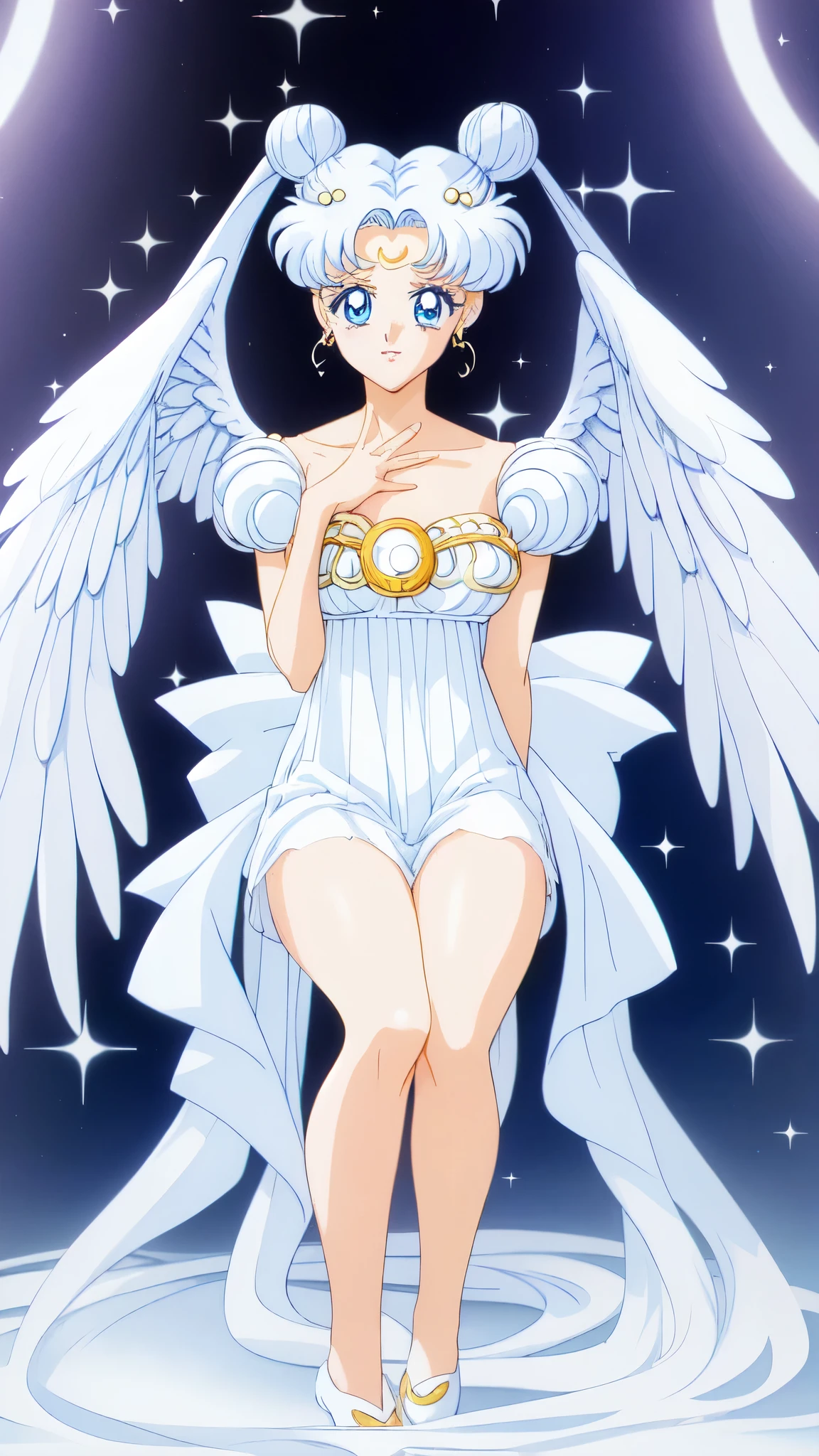 masterpiece, best quality, 1girl, solo, princessserenity, white hair, hair ornament, forehead mark, white dress, sitting, beautiful, inspired by Sailor Moon, an retro anime image, anime cels, inspired by Naoko Takeuchi, classic shoujo, 1990s anime, 80s anime ova style, retro anime girl, (sparkling big eyes, long ribbon in hair, white wings on back), (soft pastel colors), (bright and dreamy lighting