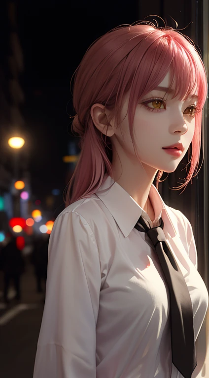 upper body, (masterpiece), detailed background, perfect lighting, 1girl, bangs, medium breasts, blouse,pink hair, yellow eyes, city, urban, bokeh, depth of field, | wear black tie |,makima \(chainsaw man\),makima\(chainsaw man\),makimacsm,half body