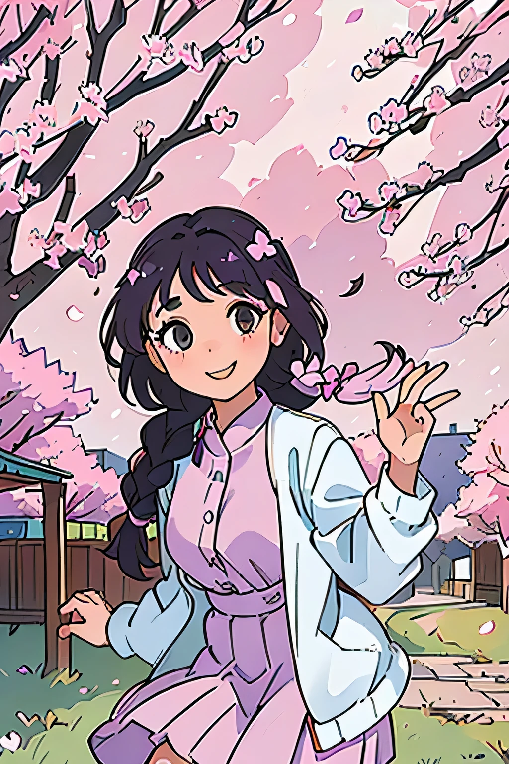 A poster,A young girl wearing a purple and white dress,Head down,Wearing a braid,visual impact,Second Dimension,Gentle wind,Black hair,skirt,Pink cherry blossoms,Smile and look at the camera