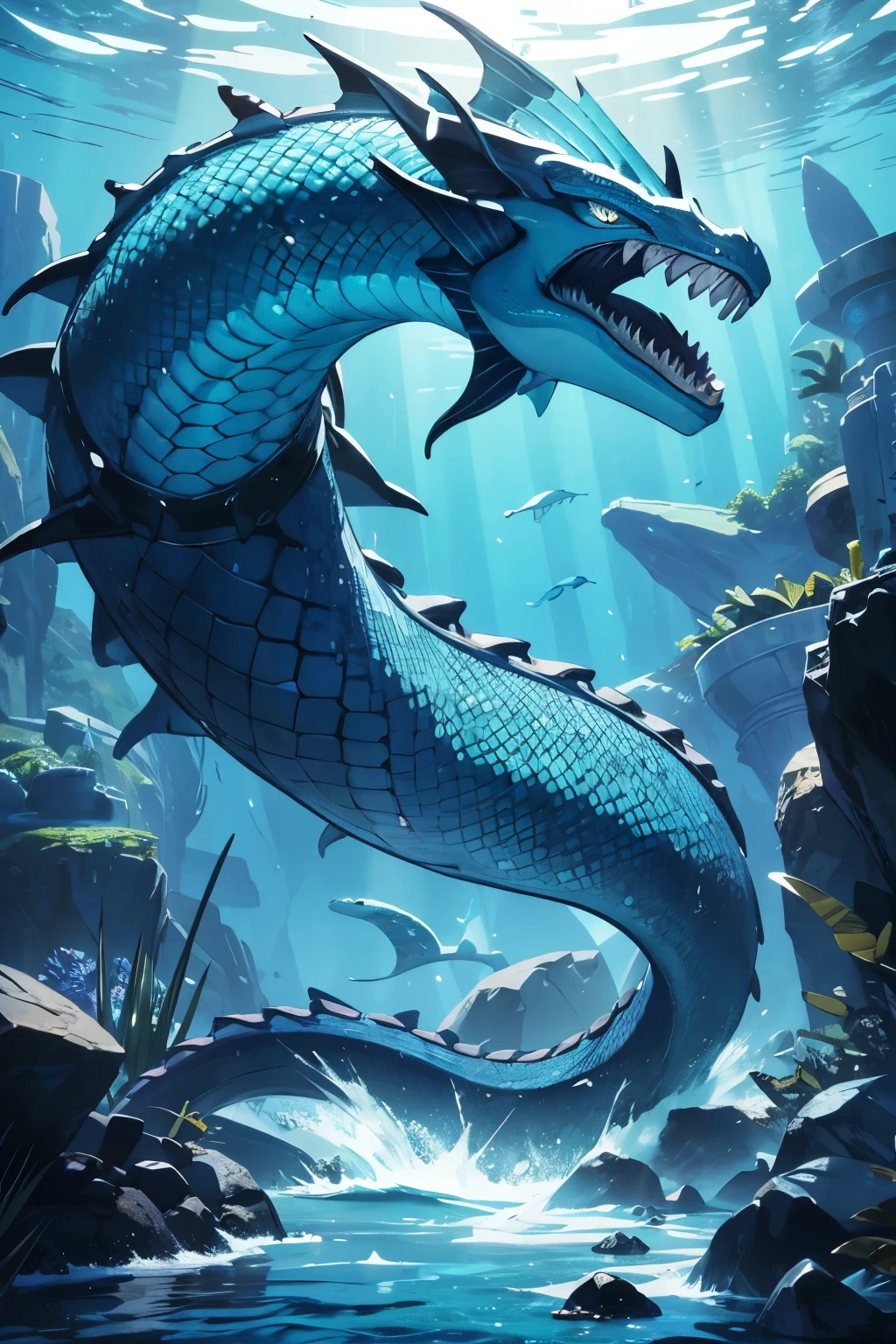 Serpentine creatures,Blue scales,Swimming in the sea,Underwater,The head looks a bit like a dragon,sea snake,Giant mysterious winged snake,Sea Monster,Legendary creatures,