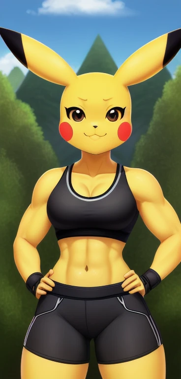 Pikachu, (((masterpiece))), ((a high resolution)), ((Detailed portrait)), ((I look at the viewer)), long yellow pointed ears, (yellow Pikachu ears with black tips), Brown clear eyes, corpus luteum, Athletic female body (six pack), yellow lightning tail with black heart-shaped tip, (female pikachu tail), Big , Strong position, black sports bra, orange skinny shorts, Black bracelets, knee pads, hands on hips, smug smile (mouth closed), seductive look, :3, head tilt, black triangular nose, ((simple detailed background)),