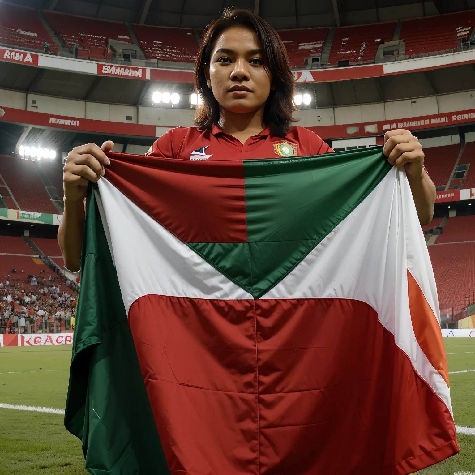 Seorang pemuda indonesia sedang memakai jersey timnas indonesia berwarna merah,sedang didalam stadion bola sambil membawa bendera indonesia