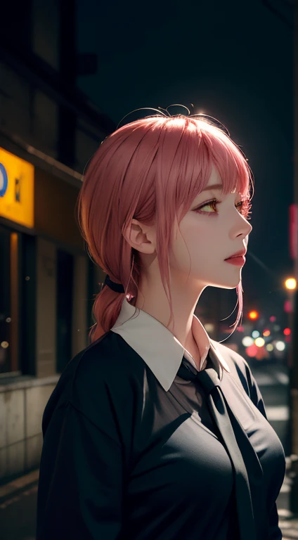 upper body, (masterpiece), detailed background, perfect lighting, 1girl, bangs, medium breasts, blouse,pink hair, yellow eyes, city, urban, bokeh, depth of field, | wear black tie |,makima \(chainsaw man\),makima\(chainsaw man\),makimacsm,half body