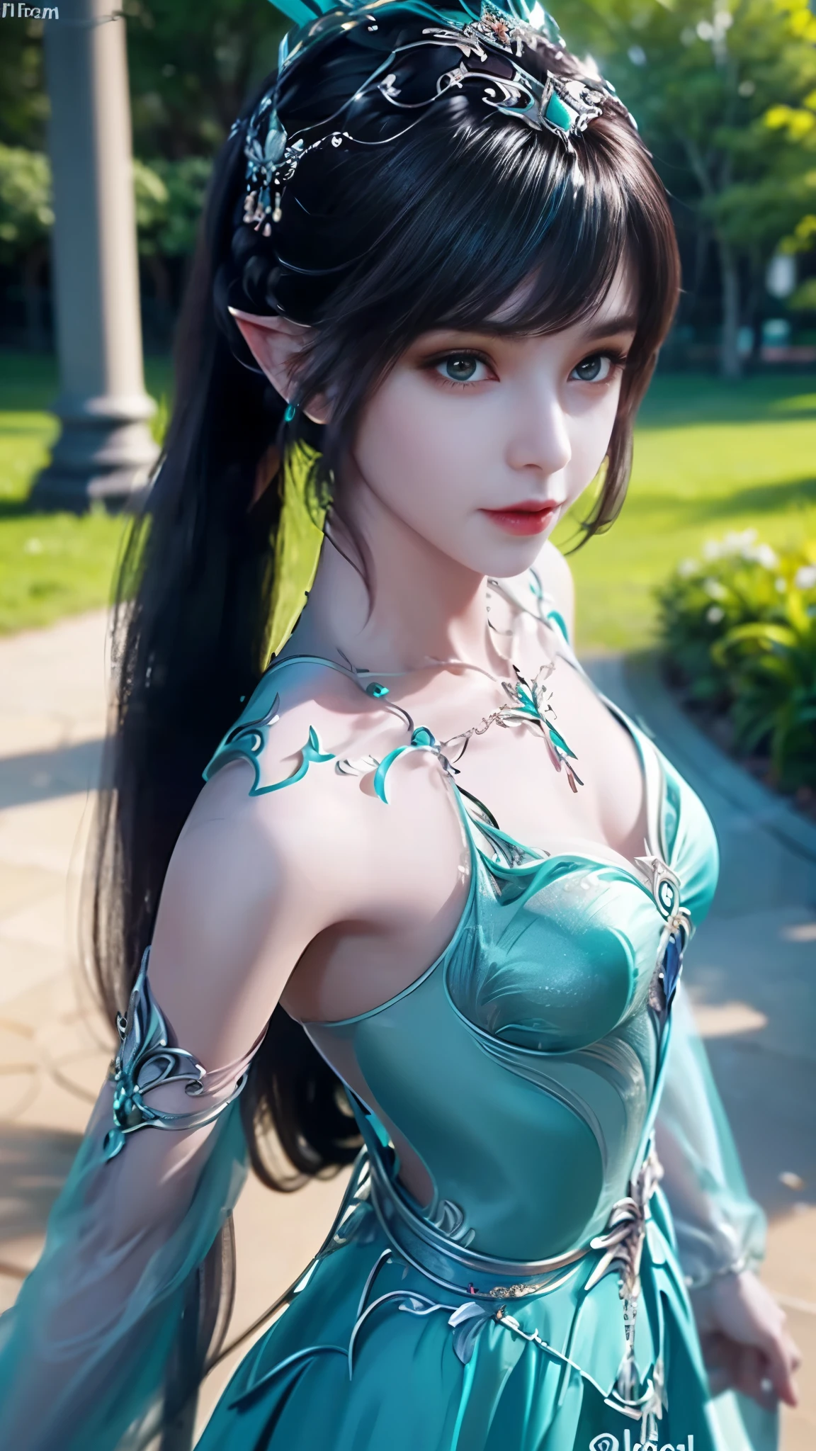 8k, masterpiece, a close up of a woman in a teal dress, perfect front body, bare thigh, ((very long hair)), a beautiful fantasy empress, ((teal fantasy dress:1.5)), beautiful fantasy maiden, fantasy art style, trending on cgstation, beautiful and elegant elf queen, beautiful maiden, shining skin, intricate ornate anime cgi style, ((a beautiful fantasy teal empress)), beautiful alluring Realistic woman, shining skin, in the park, sun shining, Realistic shadow, taking selfie, 