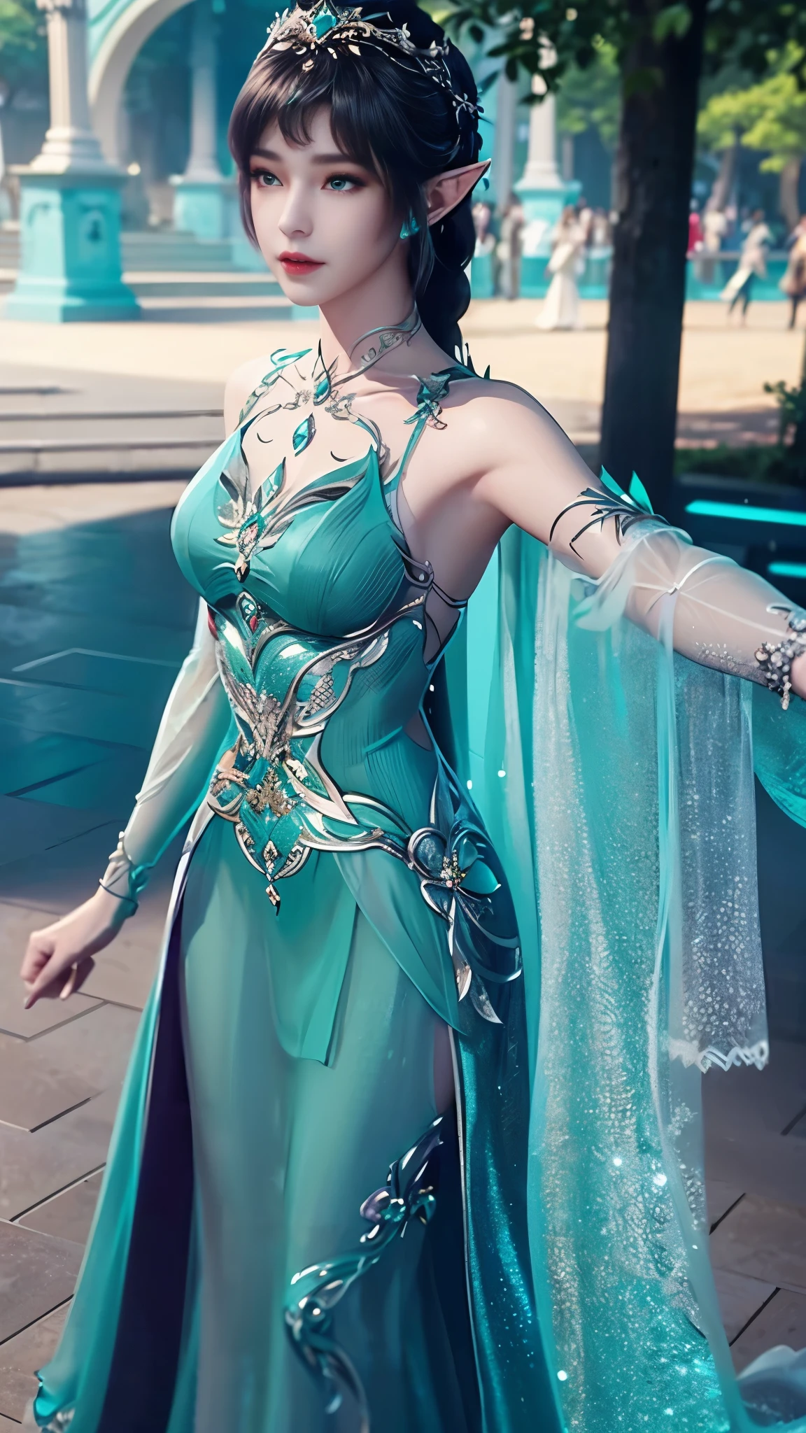 8k, masterpiece, a close up of a woman in a teal dress, perfect front body, bare thigh, ((very long hair)), a beautiful fantasy empress, ((teal fantasy dress:1.5)), beautiful fantasy maiden, fantasy art style, trending on cgstation, beautiful and elegant elf queen, beautiful maiden, shining skin, intricate ornate anime cgi style, ((a beautiful fantasy teal empress)), beautiful alluring Realistic woman, shining skin, in the park, sun shining, Realistic shadow, taking selfie, 