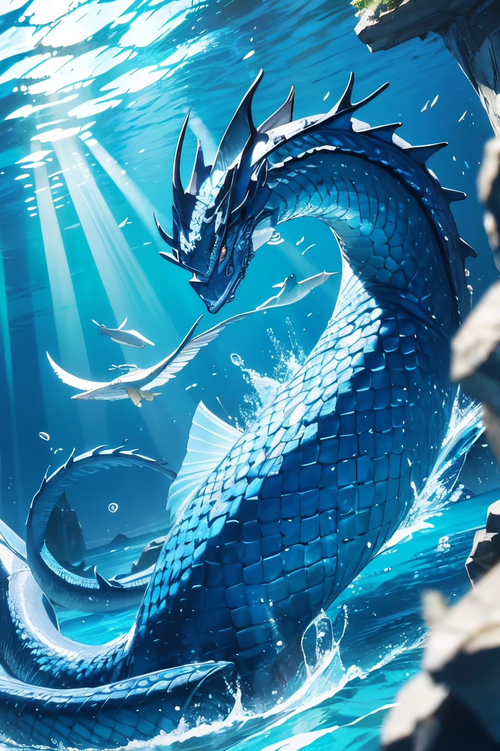 Winged Serpent,Blue scales,Swimming in the sea,Underwater,The head looks a bit like a dragon,sea snake,巨大神秘的有Winged Serpent,Sea Monster,Legendary creatures,