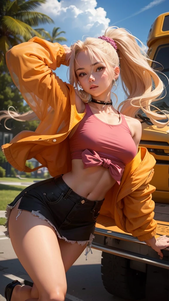 Beautiful girl , slim fit body , long tied blonde hair , tank top, mini skirt ,