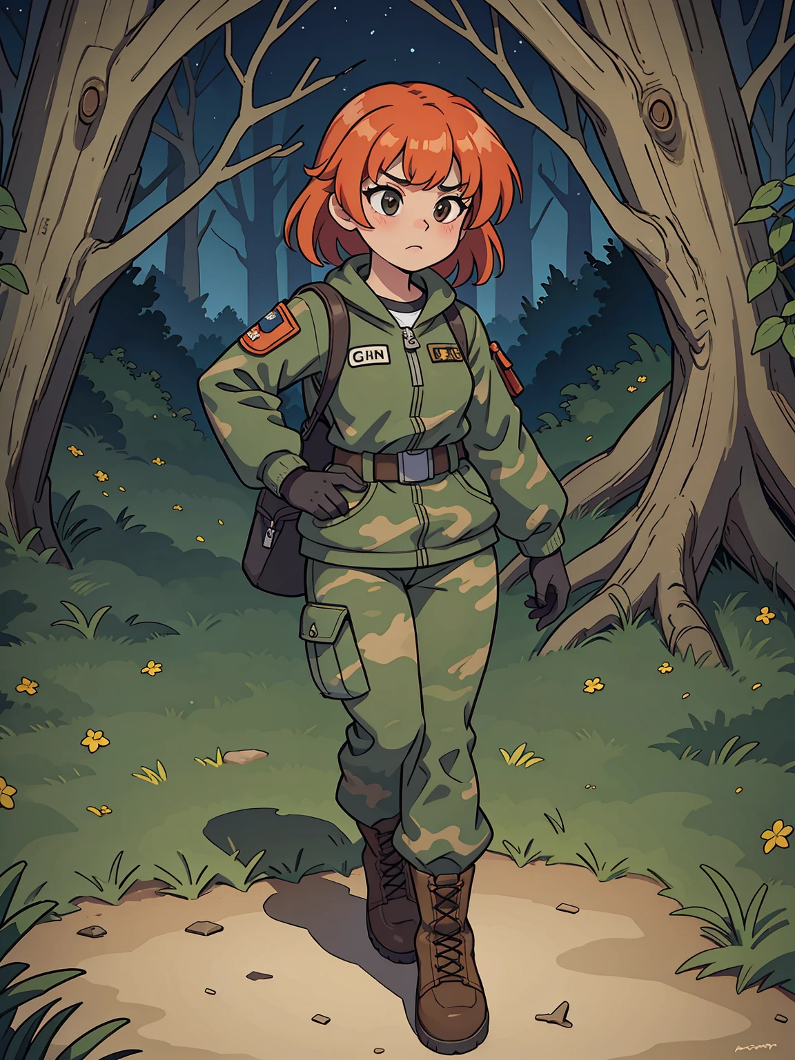 (best quality,highres,masterpiece:1.2),ultra-detailed,realistic:1.37,5age girls,camouflage jackets,tactical gloves,camouflage pants,army combat boots,standing sternly in a camp,portraits,vivid colors,nighttime lighting