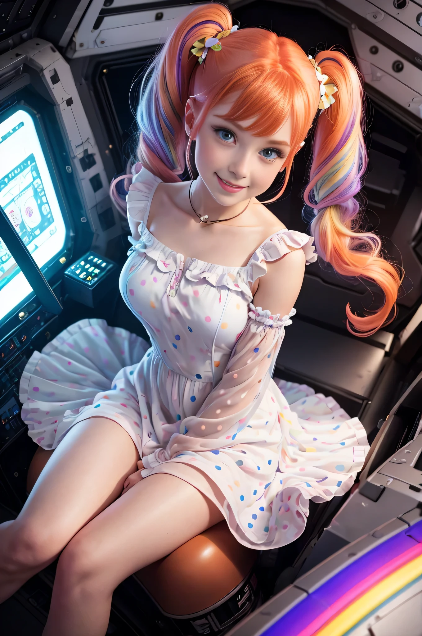 (overhead view) Cute redhead with rainbow colored hair tips, ribbons in her hair, 18-year-old woman, happy, smiling, in twin tails, perfect eyes, clear sparkling blue eyes, pale skin, silky smooth white skin, alabaster skin, flying a fancy metal luxurious space ship, futuristic cockpit, she's a pilot, outer space seen in windows, dark warm lighting, wearing a futuristic dress, low cut top, pleated (chemise) mini dress (pastel rainbow colors, and polka dots), puffy sleeves, silk, wearing pantyhose.