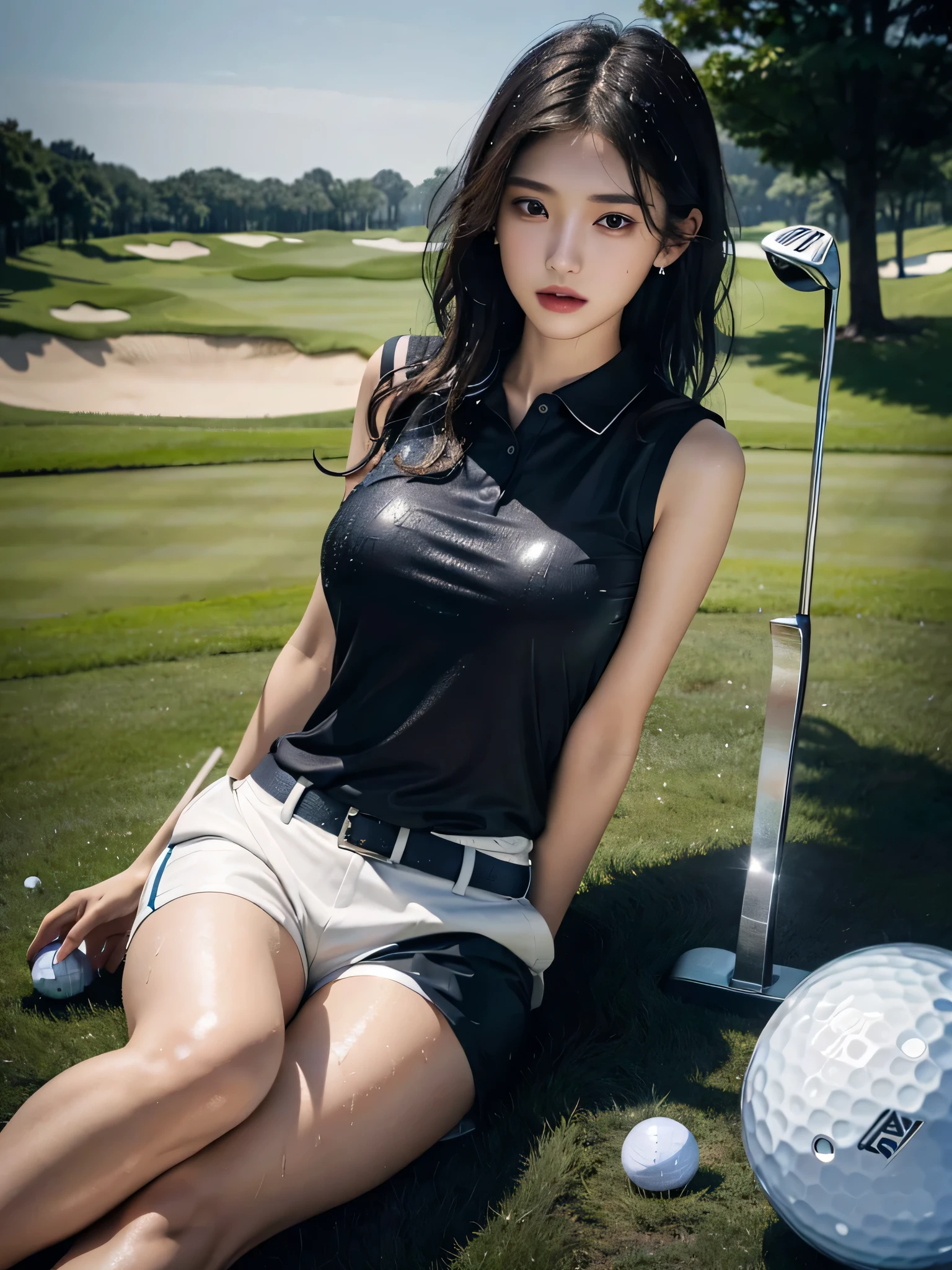 absurdres, RAW photo, extremely delicate and beautiful, masterpiece, Best Quality, ultra high resolution, 32k, hyperrealistic, ultra-detailed, perfect anatomy, perfect figure, super Detailed skin, 20 years old, very Slim body, narrow waist, very small head, very small face, delicate facial features, tearful mole, earring, thin legs, ((very huge round breasts)), (((full body shot))), ((wet clothes)), short medium hair, ((wavy hair)), (((golf uniform)), shorts, sleeveless,