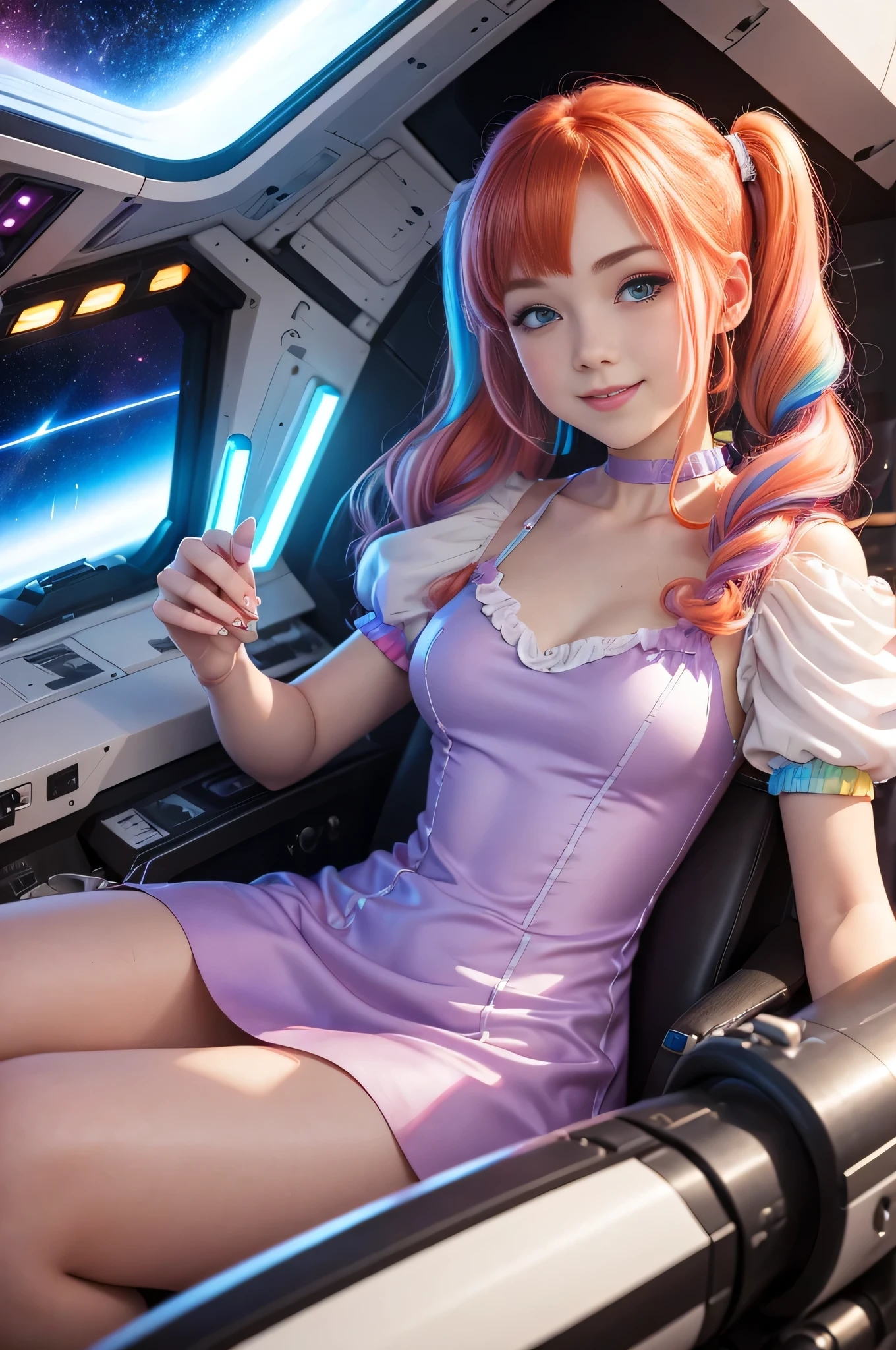 (overhead view) Cute redhead with rainbow colored hair tips, ribbons in her hair, 18-year-old woman, happy, smiling, in twin tails, perfect eyes, clear sparkling blue eyes, pale skin, silky smooth white skin, alabaster skin, flying a fancy metal luxurious space ship, futuristic cockpit, she's a pilot, outer space seen in windows, dark warm lighting, wearing a futuristic dress, low cut top, pleated (chemise) mini dress (pastel rainbow colors, and polka dots), puffy sleeves, silk, wearing pantyhose.