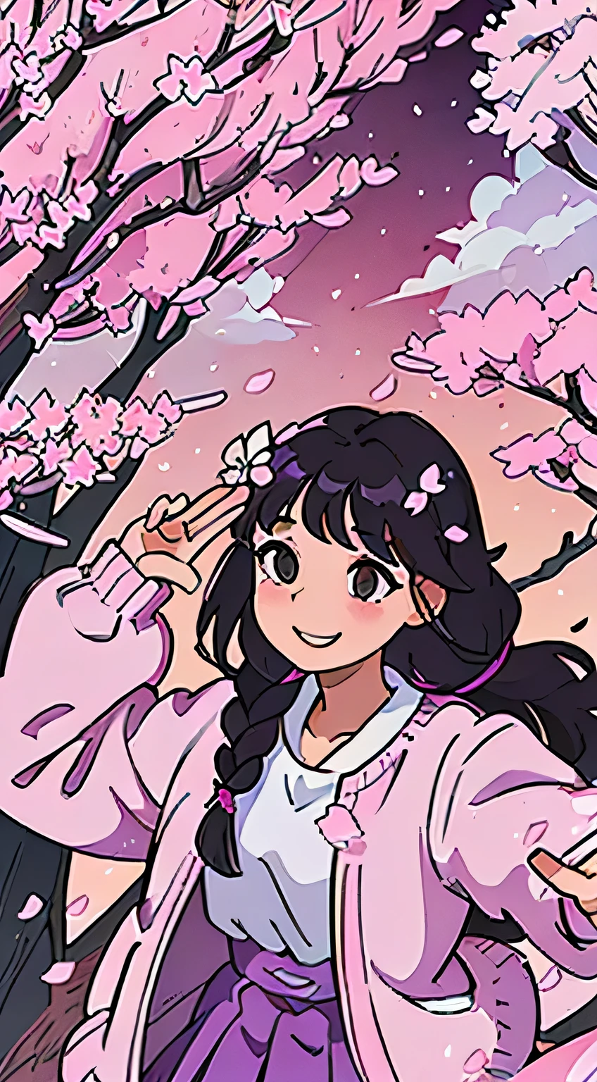 A poster,A girl,A young girl wearing a purple and white dress,Head down,Wearing a braid,visual impact,Second Dimension,Gentle wind,Black hair,skirt,Pink cherry blossoms,Smiling at the camera