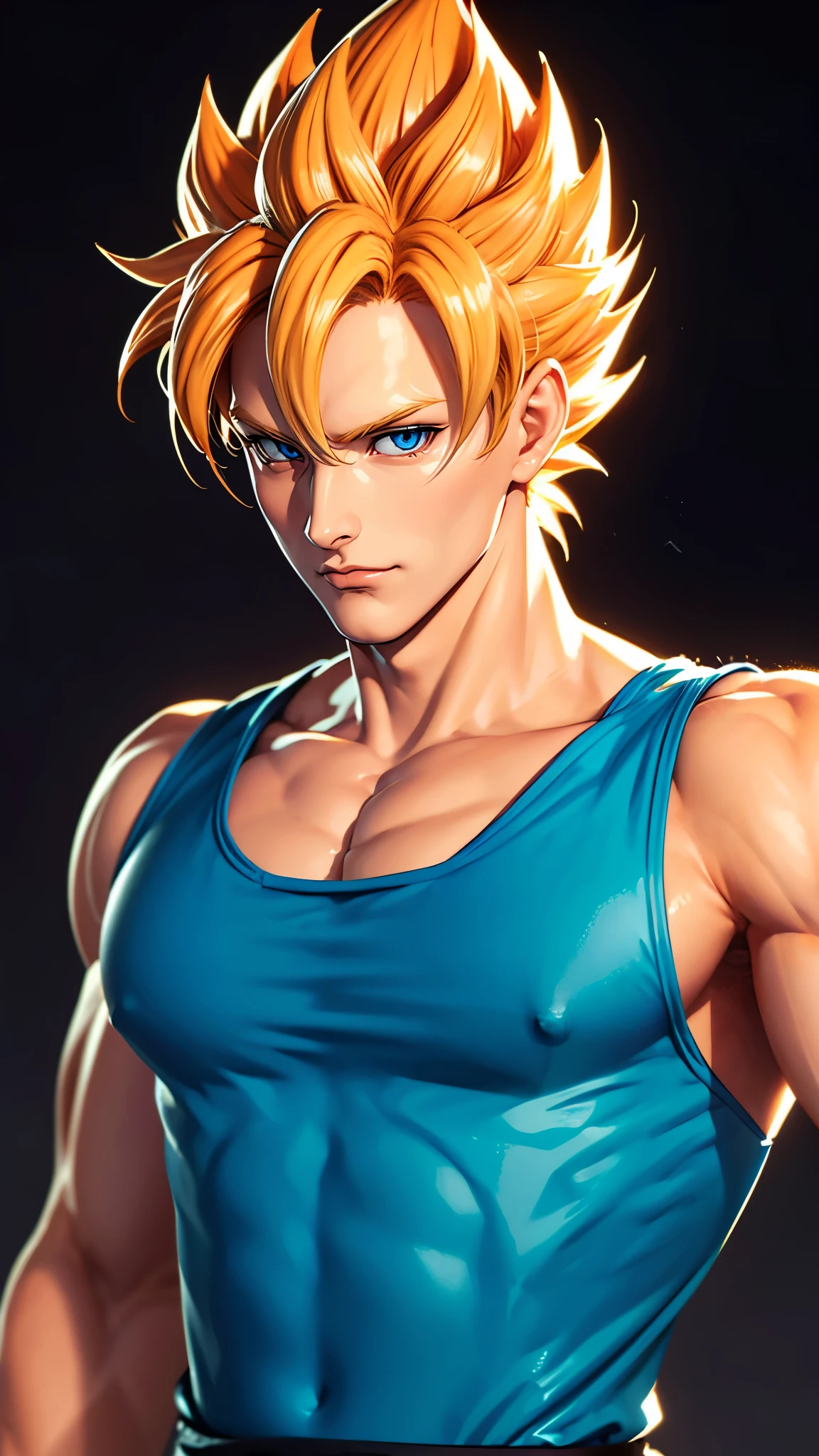 （（（完美figure，figure，solo， （（（super saiyan, muscular,  spiked hair, orange martial arts uniform,））），（（（son goku, blond hair, blue eyes,））），((masterpiece)),high resolution, ((Best quality at best))，masterpiece，quality，Best quality，（（（ Exquisite facial features，Looking at the audience,There is light in the eyes，(（（Smile））)，）））））），（（（Light and shadow，muscle））），（（（Looking at the camera，black background，White skin））