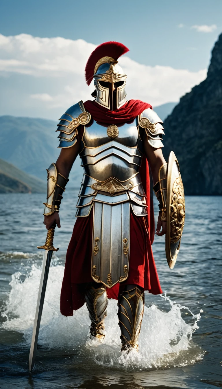 The image depicts a character dressed in a suit of armor that resembles the style of ancient Greek warriors. The armor is predominantly silver with gold accents, and the character is also wearing a red cape. The individual has a beard and is walking through water, with the backdrop of a body of water and mountains in the distance under a partly cloudy sky. The overall aesthetic suggests a scene from a fantasy or historical film, where the character might be a warrior or a deity from mythology. The image is well-composed, with the character centrally placed and the background elements providing a sense of scale and grandeur.