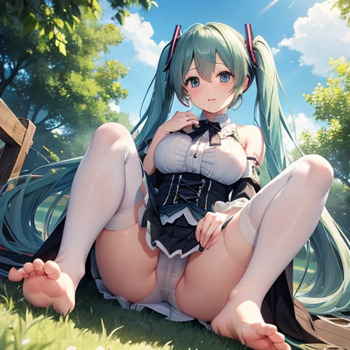 masterpiece, highest quality, High resolution,  Long Hair， Short skirt、Drooping eyes，Outdoor，barefoot，Looking up，Embarrassed face，Angle from below、Big Breasts，Spread your legs、Hatsune Miku Cosplay、White underwear、See-through、Gothic Lolita