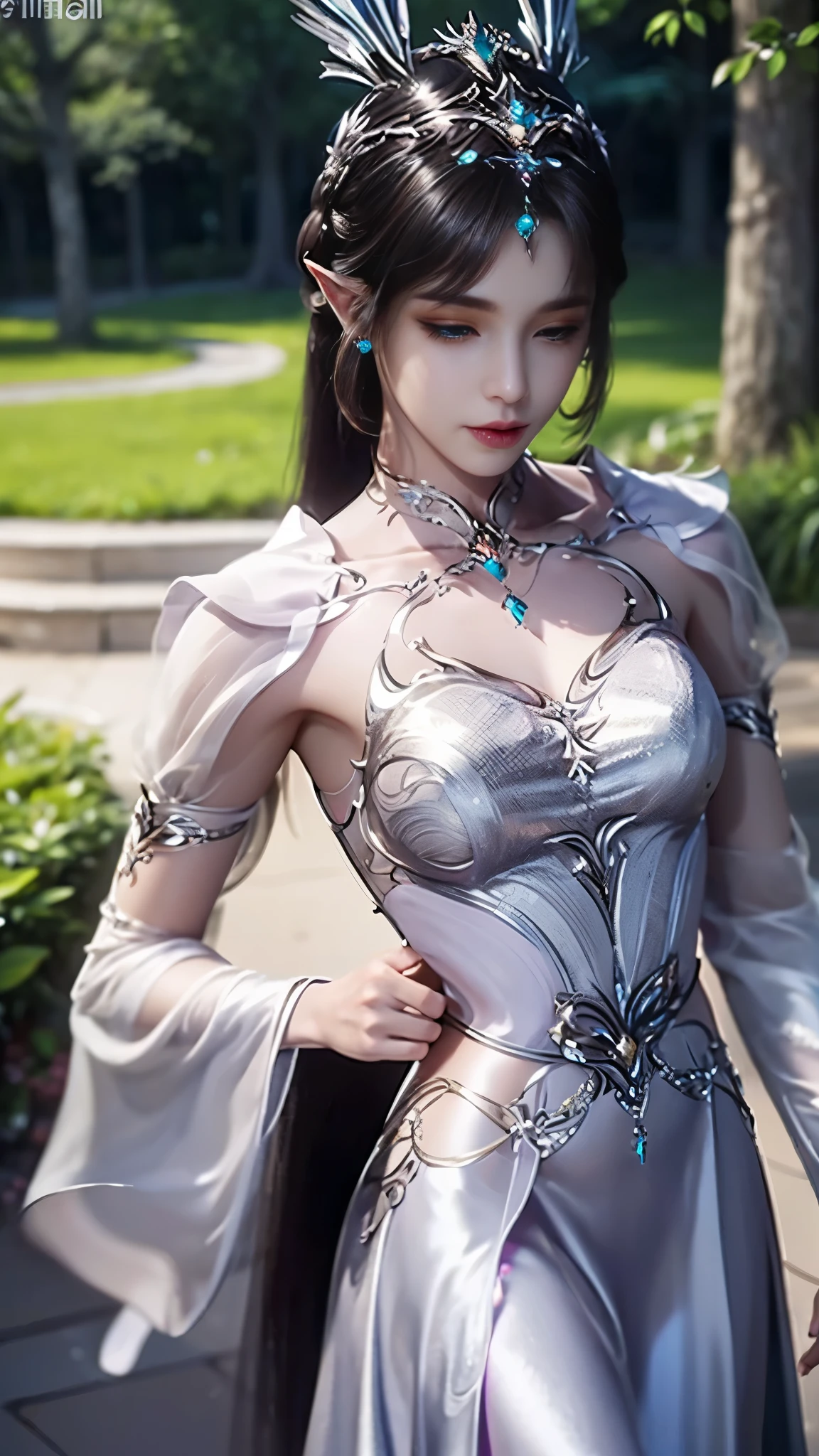 8k, masterpiece, a close up of a woman in a silver dress, perfect front body, bare thigh, ((very long hair)), a beautiful fantasy empress, ((silver fantasy dress:1.5)), beautiful fantasy maiden, fantasy art style, trending on cgstation, beautiful and elegant elf queen, beautiful maiden, shining skin, intricate ornate anime cgi style, ((a beautiful fantasy silver empress)), beautiful alluring Realistic woman, shining skin, in the park, sun shining, Realistic shadow, front capture, 