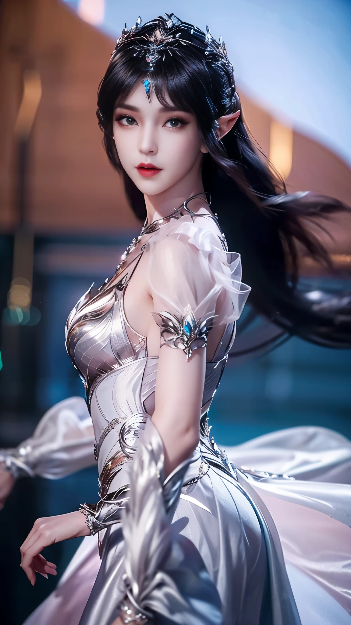 8k, masterpiece, a close up of a woman in a silver dress, perfect front body, bare thigh, ((very long hair)), a beautiful fantasy empress, ((silver fantasy dress:1.5)), beautiful fantasy maiden, fantasy art style, trending on cgstation, beautiful and elegant elf queen, beautiful maiden, shining skin, intricate ornate anime cgi style, ((a beautiful fantasy silver empress)), beautiful alluring Realistic woman, shining skin, in the park, sun shining, Realistic shadow, front capture, 