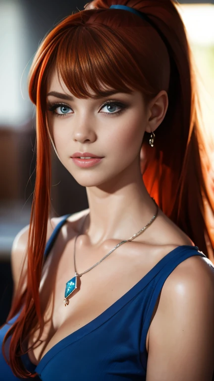 there is a woman with red hair and a blue dress, photorealistic anime girl render, alena aenami and artgerm, redhead girl, 8k artgerm bokeh, alexandra fomina artstation, style artgerm, gorgeous digital painting, amouranth, portrait of asuka langley soryu, beautiful alluring anime woman, beautiful anime woman