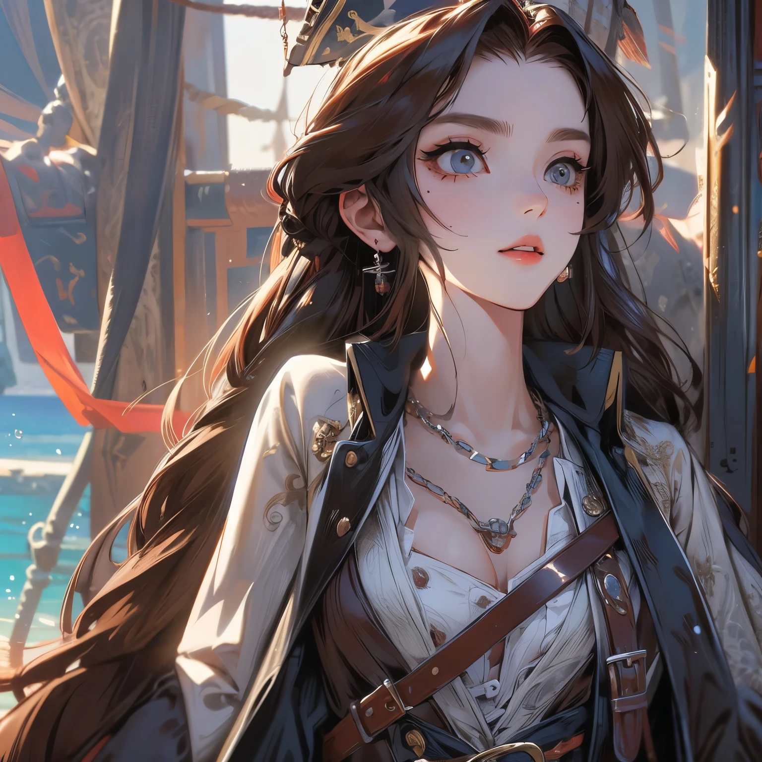 portrait,female pirate、Jack Sparrow Style、beautiful woman、fully dressed like pirate、sexy、masterpiece、highest quality、beautiful eyes