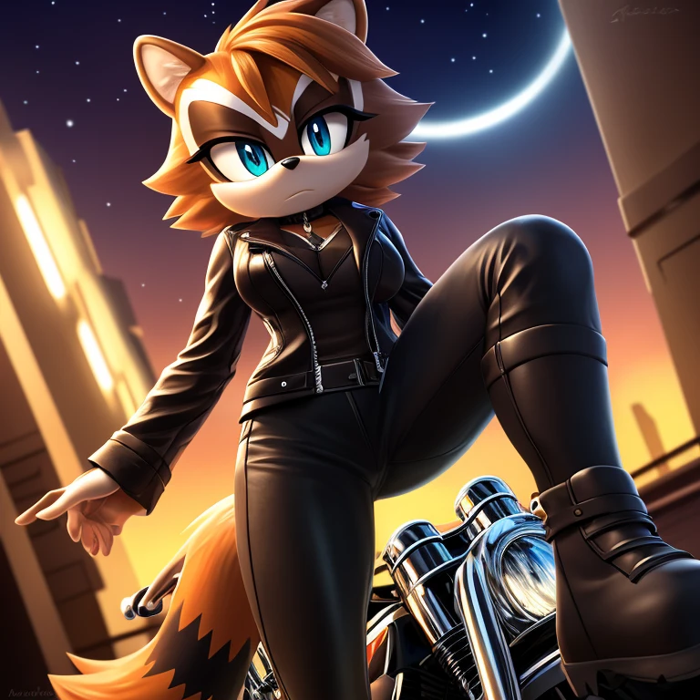 ((masterpiece)), studio quality, highly detailed, extreme detailed, high quality, max detailed, hyper detailed, anime, mobian, 1girl, racoon, black short hair, aqua eyes, attractive, gorgeous body, medium breast, biker clothes, serious, nighttime,