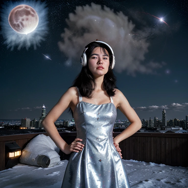 1980s \(style\), 1girl, above clouds, aerial fireworks, black hair, circle, cityscape, cloud, constellation, crescent moon, dress, dust,full moon, galaxy, hand on hip, light particles, milky way,moonlight, night sky, pine tree, red moon, reindeer, rocket, rooftop, round window, shooting star, sky, skyline, skyscraper, snowing, solo, space, space craft, space helmet, spacesuit, starry background, sun, tanabata, tanzaku, ultimat