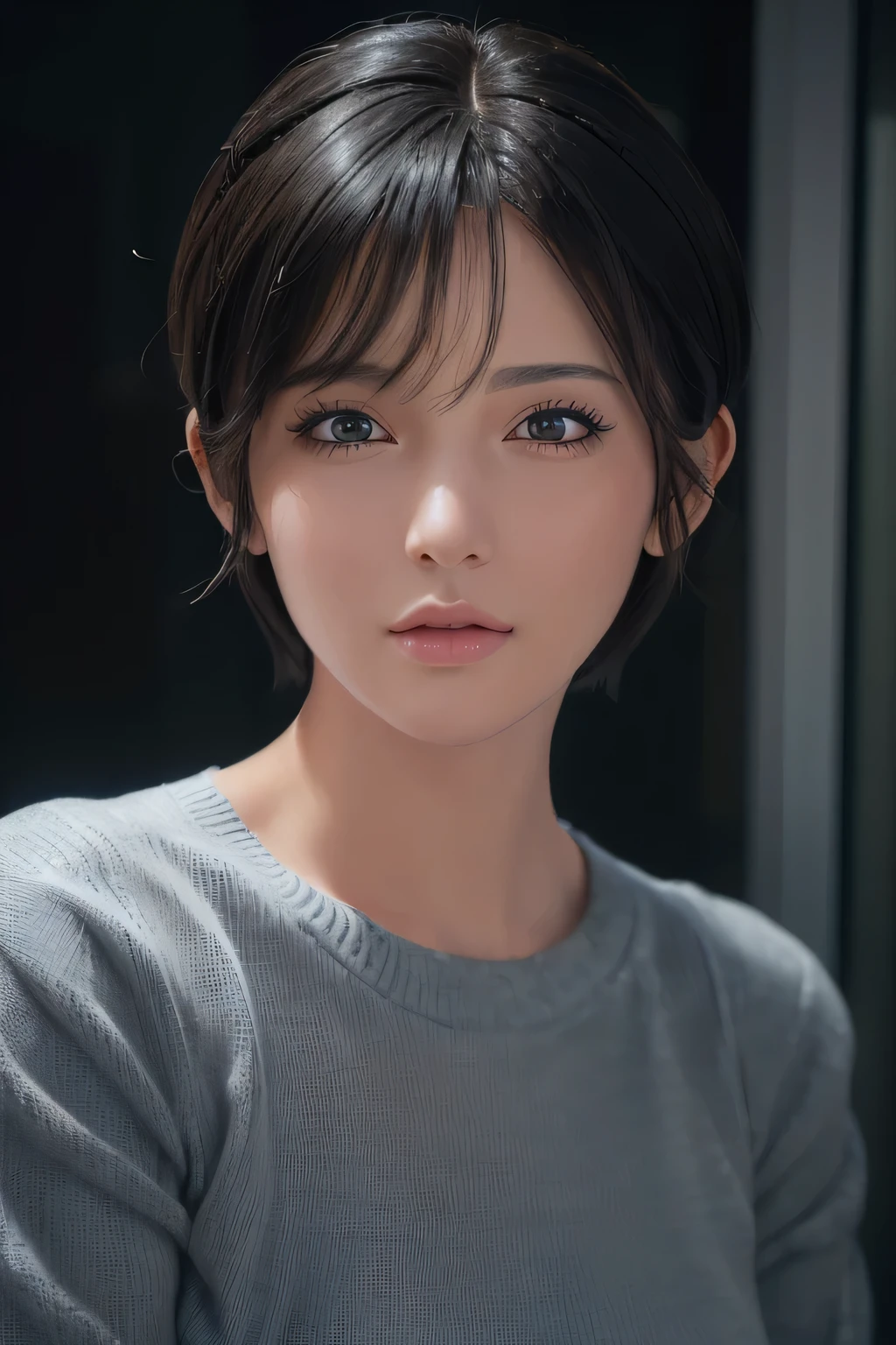 (masterpiece:1.3), (8k, photorealistic, RAW photo, best quality: 1.4), (1girl), beautiful face, (realistic face), (black hair, short hair:1.3), beautiful hairstyle, realistic eyes, beautiful detailed eyes, (realistic skin), beautiful skin, (sweater), absurdres, attractive, ultra high res, ultra realistic, highly detailed, golden ratio