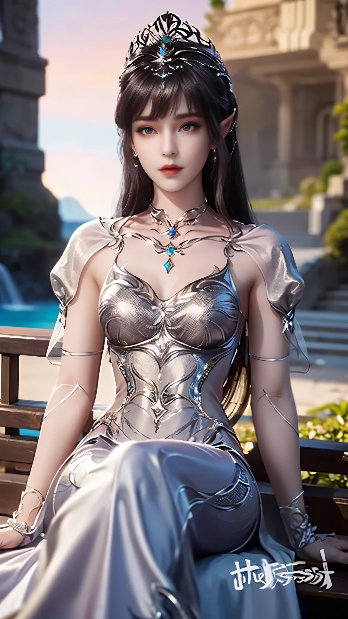 8k, masterpiece, a close up of a woman in a silver dress, perfect front body, bare thigh, ((very long hair)), a beautiful fantasy empress, ((silver fantasy dress:1.5)), beautiful fantasy maiden, fantasy art style, trending on cgstation, beautiful and elegant elf queen, beautiful maiden, shining skin, intricate ornate anime cgi style, ((a beautiful fantasy silver empress)), beautiful alluring Realistic woman, shining skin, in the park, sun shining, Realistic shadow, front capture, sitting,