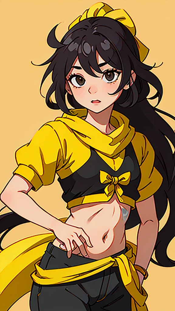Handsome ,Roleplaying、Small eyes、Long hair tied up、Fantasy style clothing、Yellow clothes、wearing a long yellow bandana、Black Hair、belly button、Small size of clothes